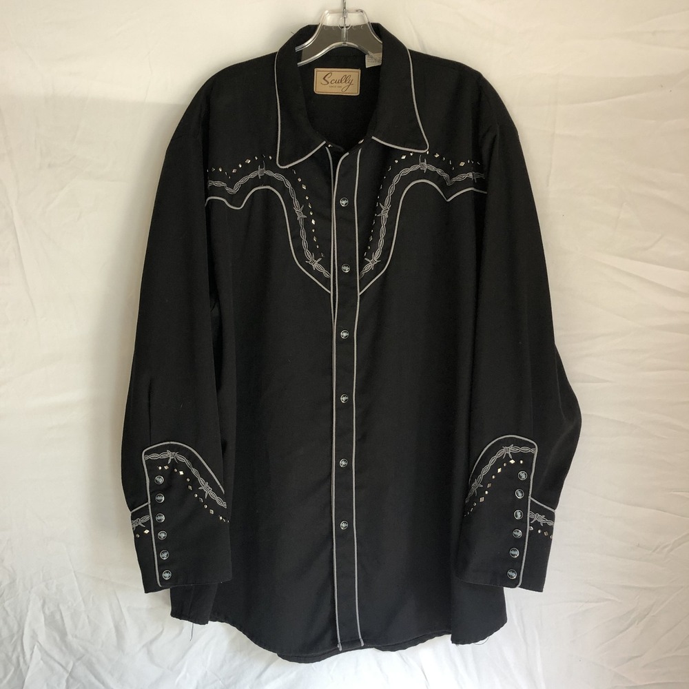 Scully Shirt Mens XL Black Western Embroidered Studded Snap Front Long Sleeve